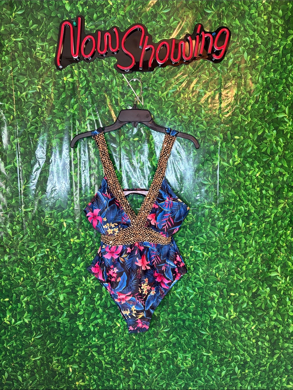 Ladies Floral One-Piece Swimsuit with Gold Accent